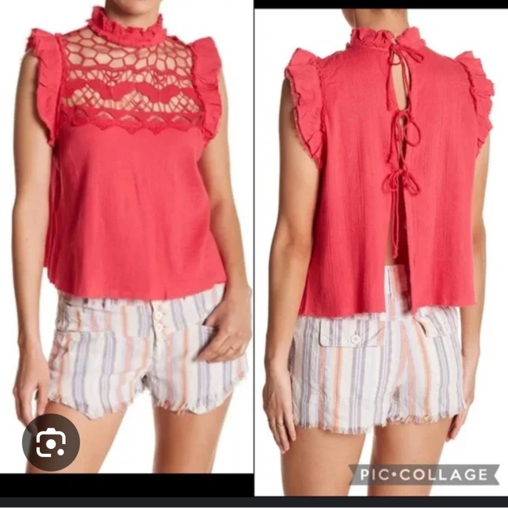 Free People Coral Lace Ruffle Blouse